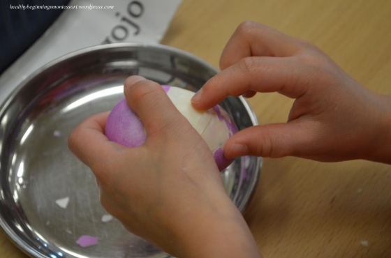 Busy fingers peel the hard boiled eggs for snack time.